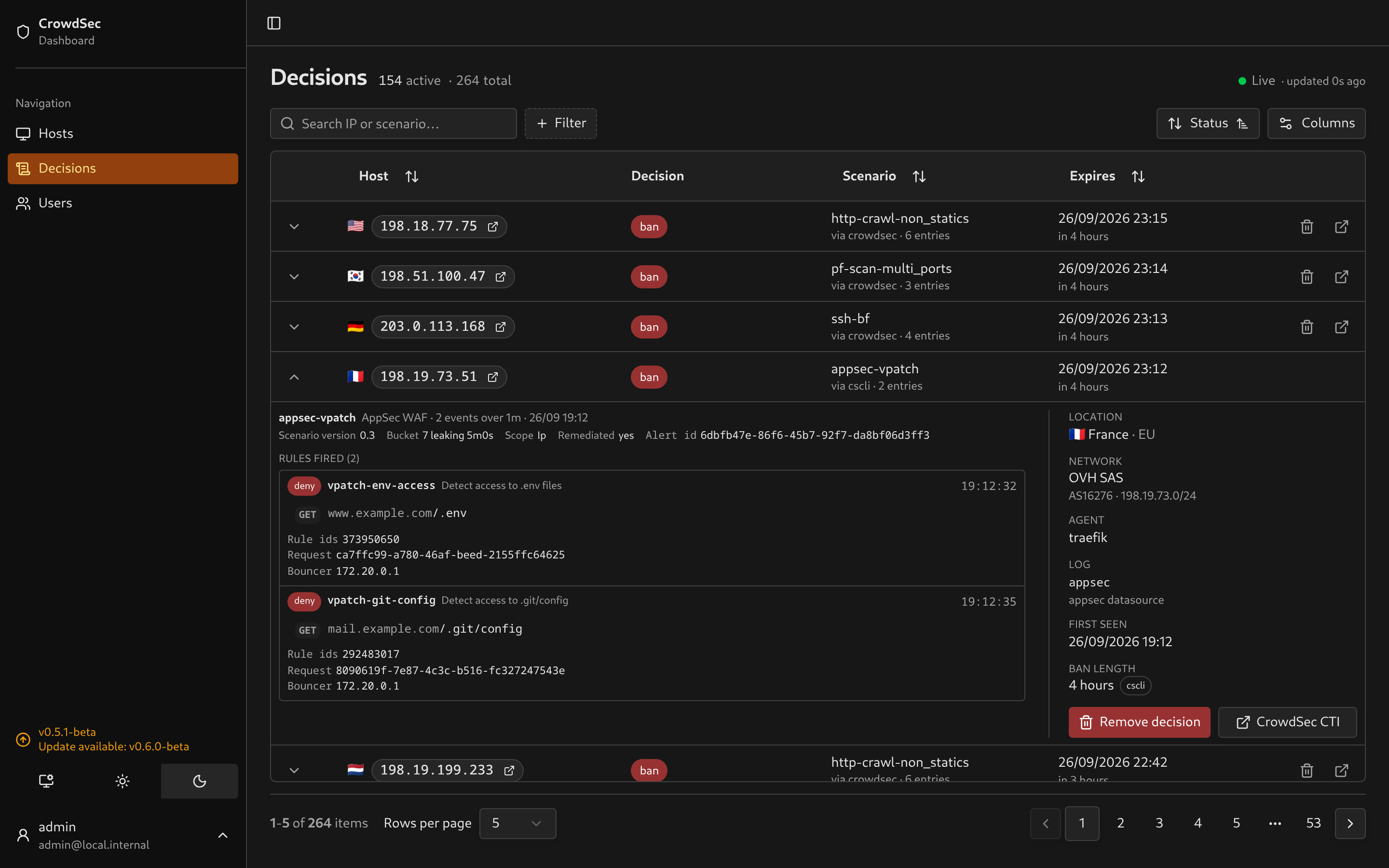 A virtual-patch alert expanded on a desktop: two rules, each with its verdict, request and ids