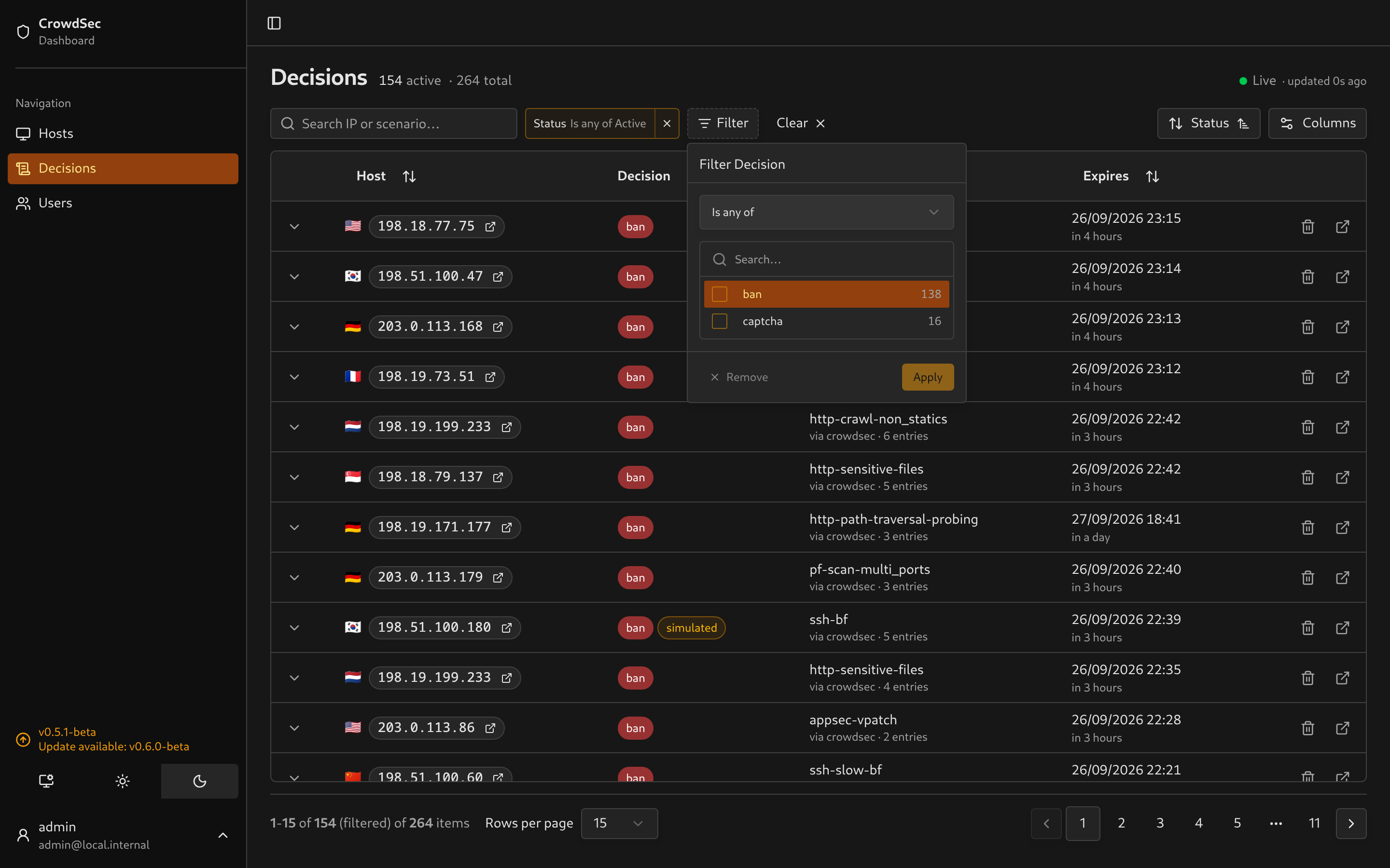 The decisions table with a status filter applied and the filter picker open