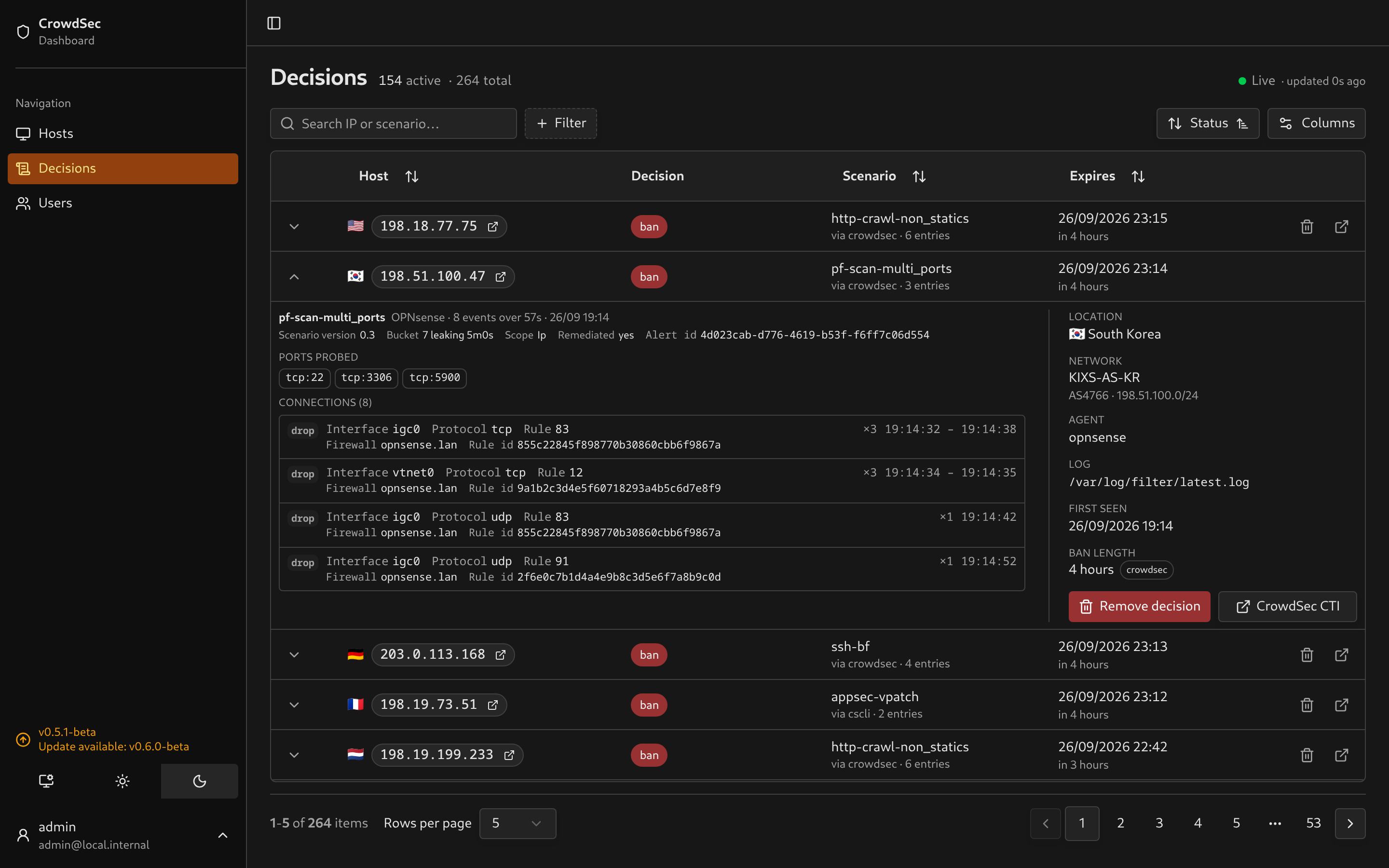 A port scan expanded on a desktop: the ports probed, then the dropped connections grouped by rule
