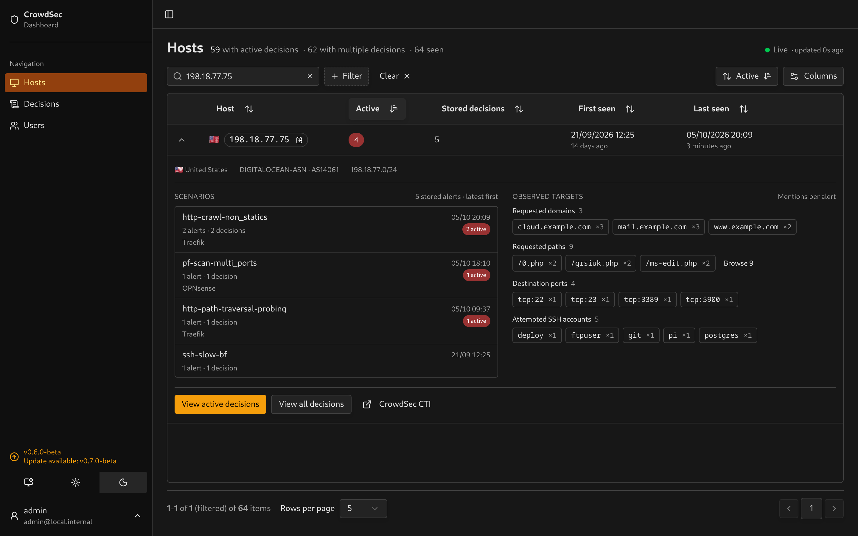 An expanded host showing scenarios and observed targets