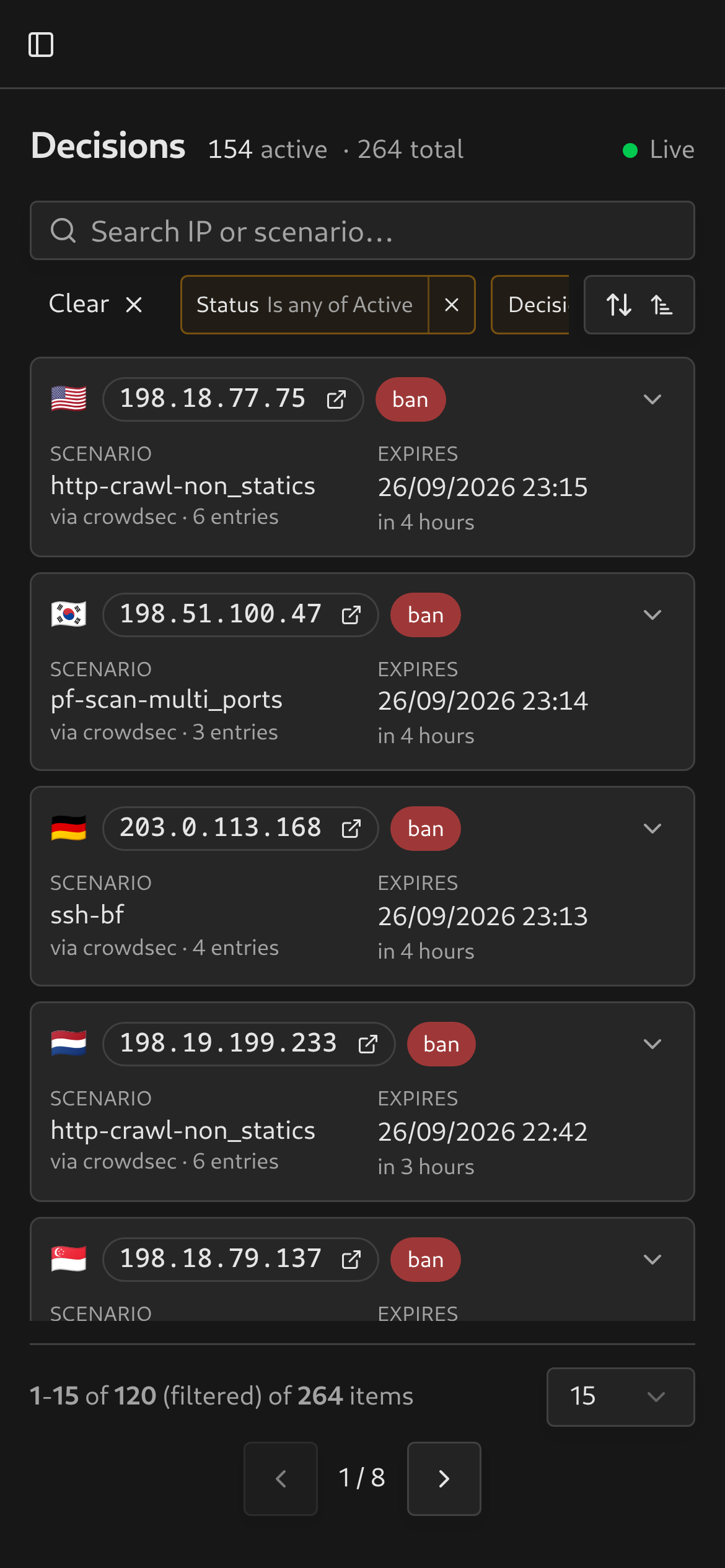Three filters in one scrolling row