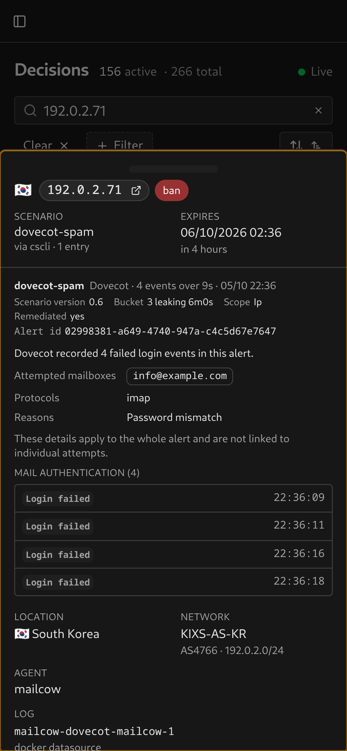 Dovecot authentication evidence in the mobile sheet
